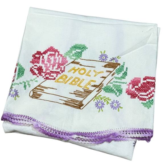 Vintage MCM Cross Stitch Religious Tea Towel Kitchen Linens Holy Bible Floral - Picture 1 of 9